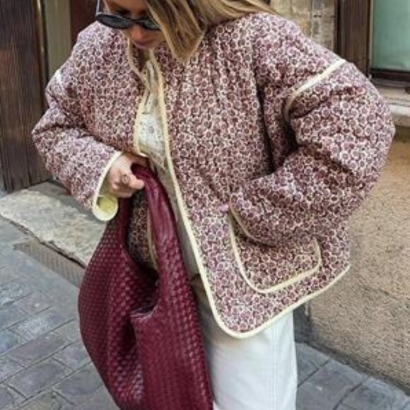 Women’s Retro Floral Quilted Cropped Puffer Jacket Stand Collar Vintage Coat - Picture 5 of 6